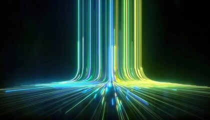 Poster - futuristic neon light streaks in digital vortex, glowing data streams forming curved energy paths on dark background

