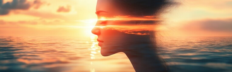 Poster - Woman's face illuminated by sunset glow over calm ocean waters, reflecting serenity and beauty