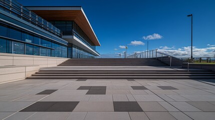 Poster - Concrete steps ascend to a contemporary glass entrance, framed by clean lines and bathed in sunlight, showcasing modern architecture against a vivid blue sky