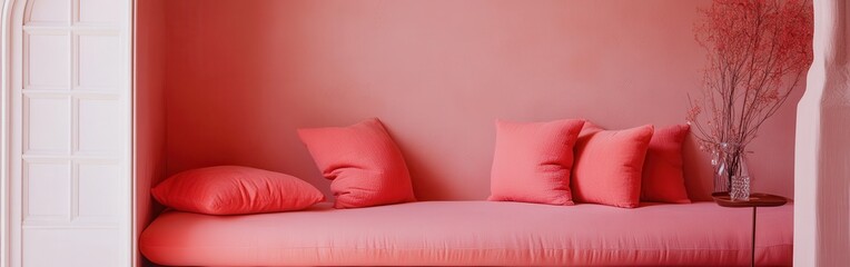 Aufkleber - Minimalist monochromatic interior design featuring coral hues and simple furnishings for a serene atmosphere