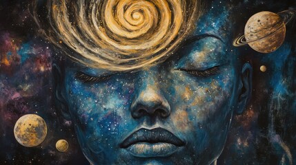 Poster - Mystical representation of a woman's face with cosmic elements and swirling patterns in a vibrant galaxy backdrop