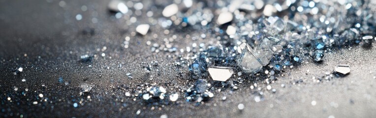 Leinwandbilder - Sparkling silver and icy blue crystals scattered across a dark surface, creating a stunning visual contrast in texture and color