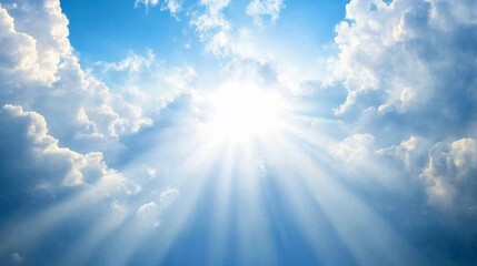 Fototapete - Soft rays of sunlight filter through storm clouds, illuminating the sky with a heavenly glow, creating a tranquil mood with open space on the left