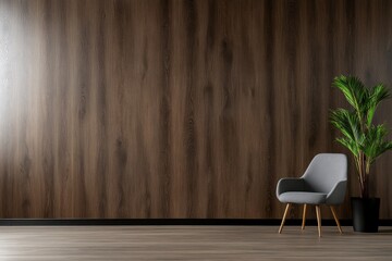 Poster - Warm wooden tones and a modern gray armchair, paired with a vibrant green plant, create a cozy, tranquil atmosphere under soft ambient lighting