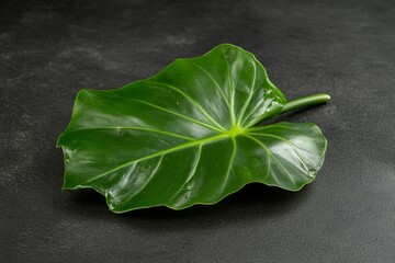 Poster - A single tropical leaf rests in soft natural light, showcasing its dark green hues and intricate veins. The glossy surface reflects the surrounding beauty