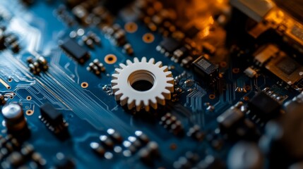 Aufkleber - A white gear is prominently featured on a glowing blue circuit board, surrounded by intricate wiring, creating a modern and futuristic aesthetic