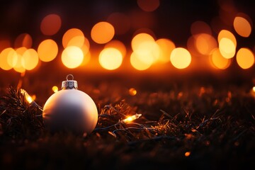 Aufkleber - Delicate white Christmas ornament with silver accents set among lush pine branches, surrounded by warm bokeh from twinkling holiday lights in the background