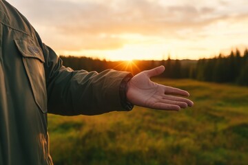Poster - A calm figure reaches out an open hand as the sun rises over a peaceful meadow, creating an atmosphere of warmth and serenity in the early morning light