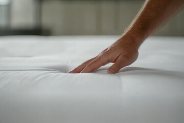 Poster - A single hand gently smooths out a crisp white fitted sheet over the corner of a mattress in a tranquil bedroom setting filled with soft natural light