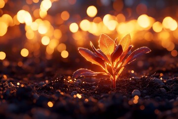 Poster - A single sprouting plant emerges from freshly tilled soil, basking in golden hour sunlight that illuminates dewdrops on its leaves, creating a serene atmosphere