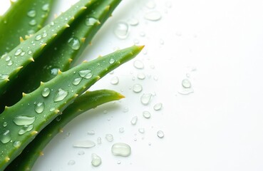 Poster - Aloe vera leaves with droplets isolated on white. Fresh green color contrasts vividly with clear water. Natural, refreshing, clean look. Ideal for skincare, herbal medicine, hydration concepts.
