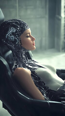Realistic 3D Illustration Of A Metallic Cyberpunk Woman Resting In A