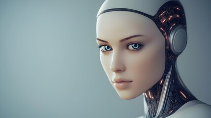 Realistic 3D Render Of A Female Robot Face With Blue Eyes And White
