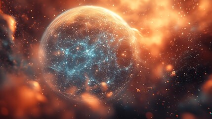 Wall Mural - Fiery cosmic nebula dramatically surrounds glowing planet. AI Generated