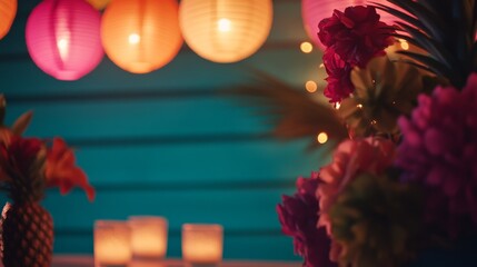 Poster - Tropical party setup features vibrant pineapples, colorful lanterns, and fresh flowers, creating a warm and festive atmosphere perfect for celebrations