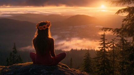 Poster - A figure adorned with a bright flower crown sits on a rock, blending with the dark, misty forest while soft light illuminates the scene during sunset