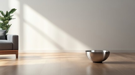 Poster - Cozy living room showcases a sleek sofa and wooden table, featuring a shining steel tongue drum bathed in soft, calming light for a modern atmosphere
