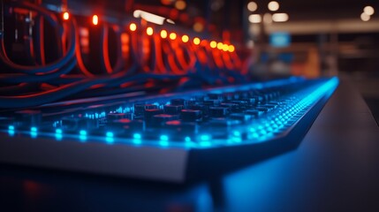 Aufkleber - A glowing blue interface displays network connections and cybersecurity nodes, with a data center providing a modern backdrop in a futuristic setting