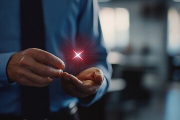 Aufkleber - A businessman in an office space grasps a glowing red X hologram, symbolizing a failed certification process, with an unfocused background suggesting urgency