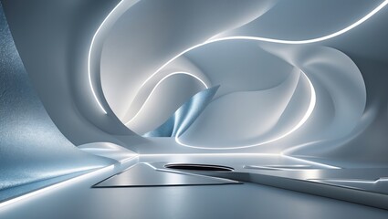 Wall Mural - stylized abstract backdrop in white and blue with curved design elements, embodying a modern and tec