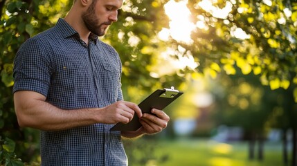 Poster - A person in a casual shirt stands under a tree, holding a clipboard while sunlight gently filters through the leaves, creating a serene atmosphere perfect for reflection