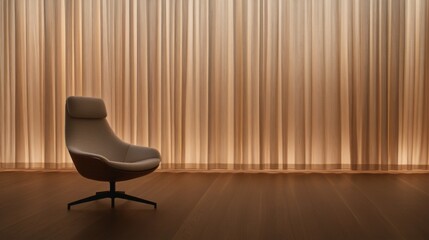 Fototapete - A tranquil living room showcases a cozy chair illuminated by soft natural light filtering through elegant linen curtains, creating a calming atmosphere