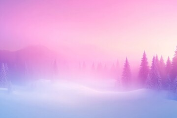 Aufkleber - A tranquil pine forest blanketed in snow glows under soft pastel skies at twilight, creating a peaceful atmosphere and space for reflection on the right
