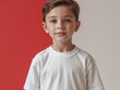 © Den Boro Day - a young boy wear white T Shirt mockup on Red clean background.