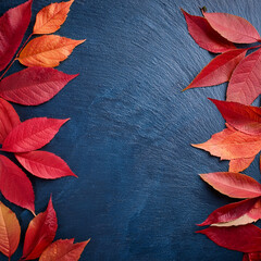 Wall Mural - Autumn Red Leaves on Deep Blue Textured Background for Seasonal Design Generated Image