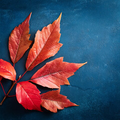 Wall Mural - Autumn Red Leaves on Deep Blue Textured Background for Seasonal Design Generated Image