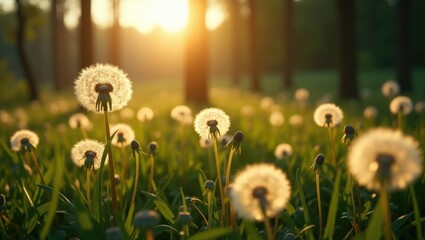 Poster - Dandelions amidst vibrant green grass in a woodland meadow at twilight. Focused vision. Breathtaking summer landscape backdrop.