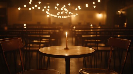 Poster - A flickering candle sits in the center of a small, softly lit room, casting warm light on vintage chairs, creating a tranquil ambiance for a private ceremony