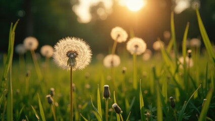 Poster - Dandelions and vibrant green grass in a woodland meadow during twilight. Focused detail. Beautiful summer landscape backdrop.