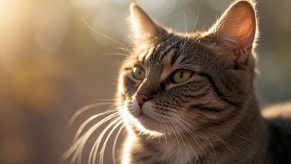 intimate portrait of a tabby cat illuminated by morning sunlight against a soft-focus backdrop