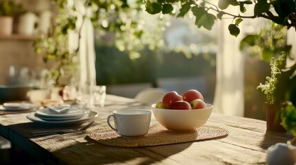 Poster - A breakfast table showcases a wooden surface with a woven placemat and a bowl of ripe apples, surrounded by indoor plants in tranquil morning light