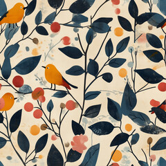 Wall Mural - seamless watercolor floral pattern with birds