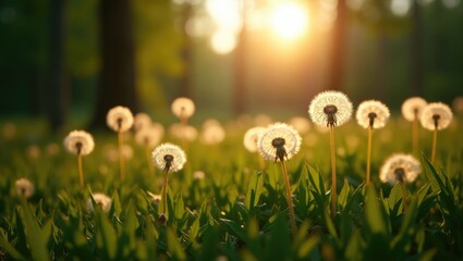 Poster - Dandelions and vibrant green grass in a woodland clearing at twilight. Focused attention. Gorgeous summer scenery backdrop.