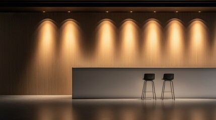 Fototapete - A clean, white booth stands out at a trade show, accompanied by a sleek black chair and enhanced by soft spotlighting, creating a modern and inviting space