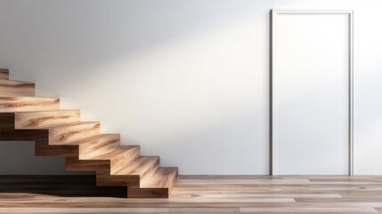 Fototapete - Soft natural light highlights a wooden staircase ascending to a white door, creating a tranquil atmosphere in a minimalist interior space at dusk