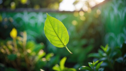 Aufkleber - Artistic Image of a vibrant green leaf in a sunlit garden with a soft-focus green backdrop. The background consists of fresh wallpaper and lively green plants.