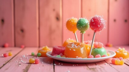 Aufkleber - Vibrantly hued lollipops and jelly treats arranged on a plate against a pink wooden backdrop. Sweet delights with space for text.