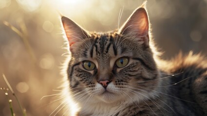 intimate portrait of a tabby cat illuminated by morning light with a soft background