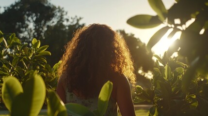 Poster - A woman stands peacefully in dappled sunlight with her back illuminated, surrounded by vibrant leaves, capturing a warm and tranquil moment outdoors