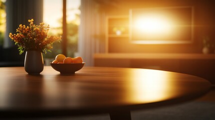 Poster - A round wooden dining table features a ceramic vase of flowers and a bowl of fruit, illuminated by soft sunlight from a nearby window in a minimalist space