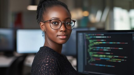 A young African female software developer is focused on her work, surrounded by technology in a modern office. She represents innovation and professionalism in the tech industry.