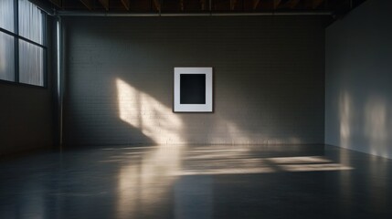 Poster - An ornate wooden frame contains a striking black-and-white artwork on a brick wall, with soft shadows created by a vintage lamp adding depth to the space