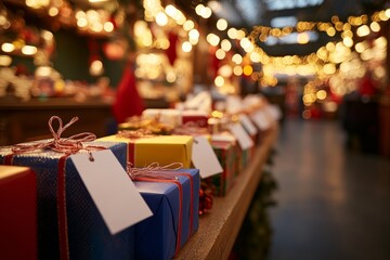Aufkleber - In Santa's workshop, vibrant gift boxes line a wooden table, accompanied by neatly arranged blank tags and surrounded by ribbons and festive wrapping paper