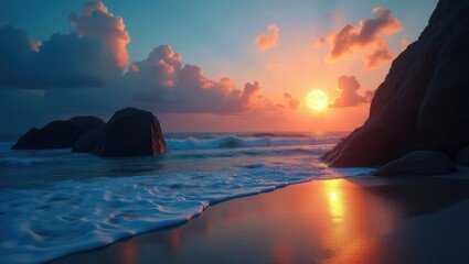 Wall Mural - Transition between day and night depicted over large rocks on a sandy coastline at twilight. A beautiful velvet season getaway. Clouds in the azure sky featuring the sun and moon above the horizon....