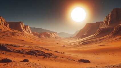 Wall Mural - Imaginary terrain of Mars, featuring an orange desert landscape with eroded mountains and a bright sun, realistic depiction of a science fiction Mars scene.
