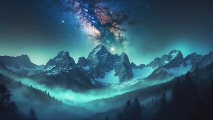 Wall Mural - Mountain range landscape with a cosmic view of the Milky Way galaxy and stars in the night sky